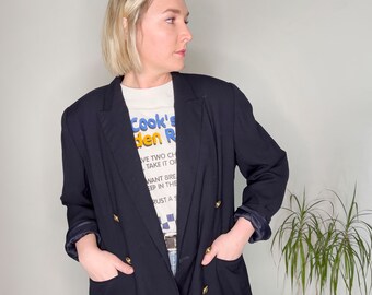 Vintage Clothing, 80s Navy Blazer, Women's Clothing, Vintage 1980s Women's Navy Double-Breasted Wool J.H. Collectibles blazer, Size L/XL