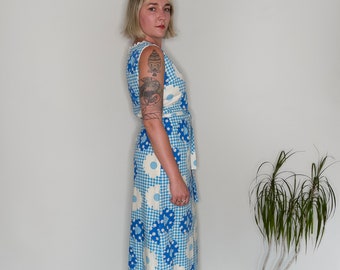 vêtements vintage, vêtements pour femmes, vintage années 1960/1970 Jamison Boutique Femme Bleu et Blanc Pique-nique Maxi Robe, Petit/Moyen