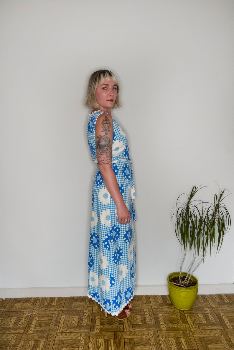 Vintage Clothing, Women's Clothing, Vintage 1960s/1970s Women's Jamison Boutique Blue and White Picnic Maxi Dress, Small/Medium image 1