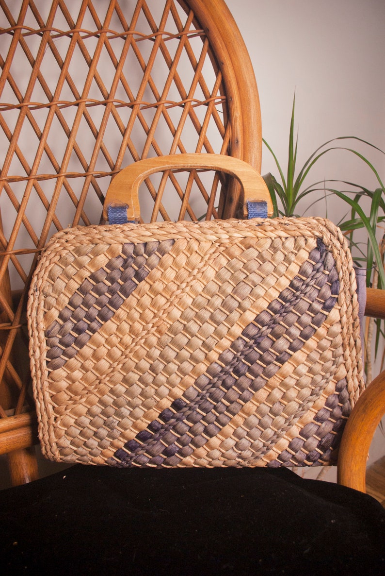 Vintage Clothing, 80s Woven Straw Clutch, Wooden-Handle Clutch, Striped Straw Handbag, Vintage 1980s Woven Blue and Brown Striped Clutch image 1