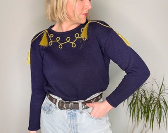 Vintage Clothing, 90s Tassel Sweater, Women's Clothing, Chaus Petites, Vintage 1990s Women's Navy and Gold Tassel Sweater, Size Medium