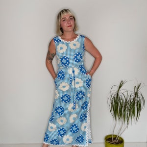 Vintage Clothing, Women's Clothing, Vintage 1960s/1970s Women's Jamison Boutique Blue and White Picnic Maxi Dress, Small/Medium image 3