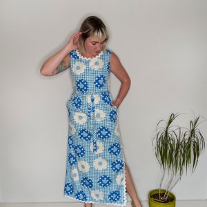 Vintage Clothing, Women's Clothing, Vintage 1960s/1970s Women's Jamison Boutique Blue and White Picnic Maxi Dress, Small/Medium image 5