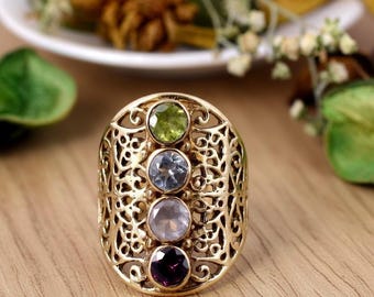 Gold Filigree Gemstone Ring, Vintage Boho Statement Jewelry,