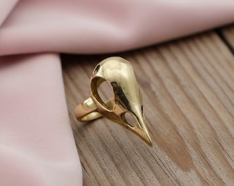 Gold Tone Bird Skull Ring, Gothic Statement Jewelry,