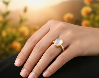 White Moonstone Gold-Tone Ring, Minimalist Gemstone Statement Ring,