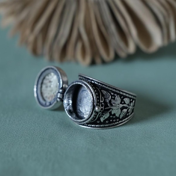 Vintage gifring zilver, ring met geheim compartiment, gotische medaillonring, verstelbare antieke stijl gifsieraden, unisex statementring