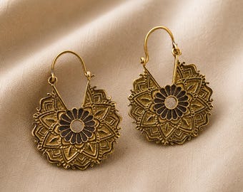 Boohoo Mandala Gold Earrings, Handmade Brass Floral Dangle Earrings, Ethnic Statement Jewelry for Women,