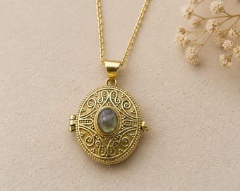 Collar con medallón de caja de veneno vintage con labradorita / Colgante de pastillero gótico / Joya de caja secreta de estilo victoriano / Amuleto de bruja