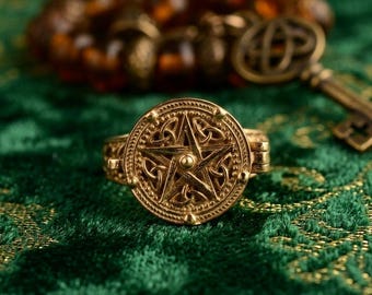 Pentagram gifdoosring, gotische geheime compartimentring, hekserij sieraden, occulte pentagram ring, vintage stijl statement ring