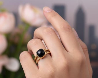 Black Onyx Gold-Tone Ring, Vintage Style Adjustable Band,