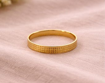 Gold Plated Stainless Steel Band Ring, Minimalist Grid Pattern Ring,