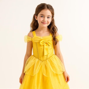 Yellow Princess Ball Gown.Rose-Accent Beauty Little Girls Costume.Birthday Party Wand and Crown Set. Fairy Tale Performance Gift Tulle Dress