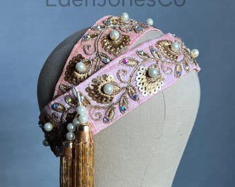 1920s Flapper Headband in Pink with pearl embroidery and gold fringe
