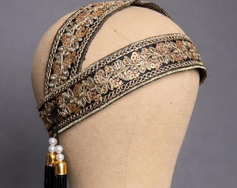 1920s Flapper Headband in Black with embroidery and black tassels