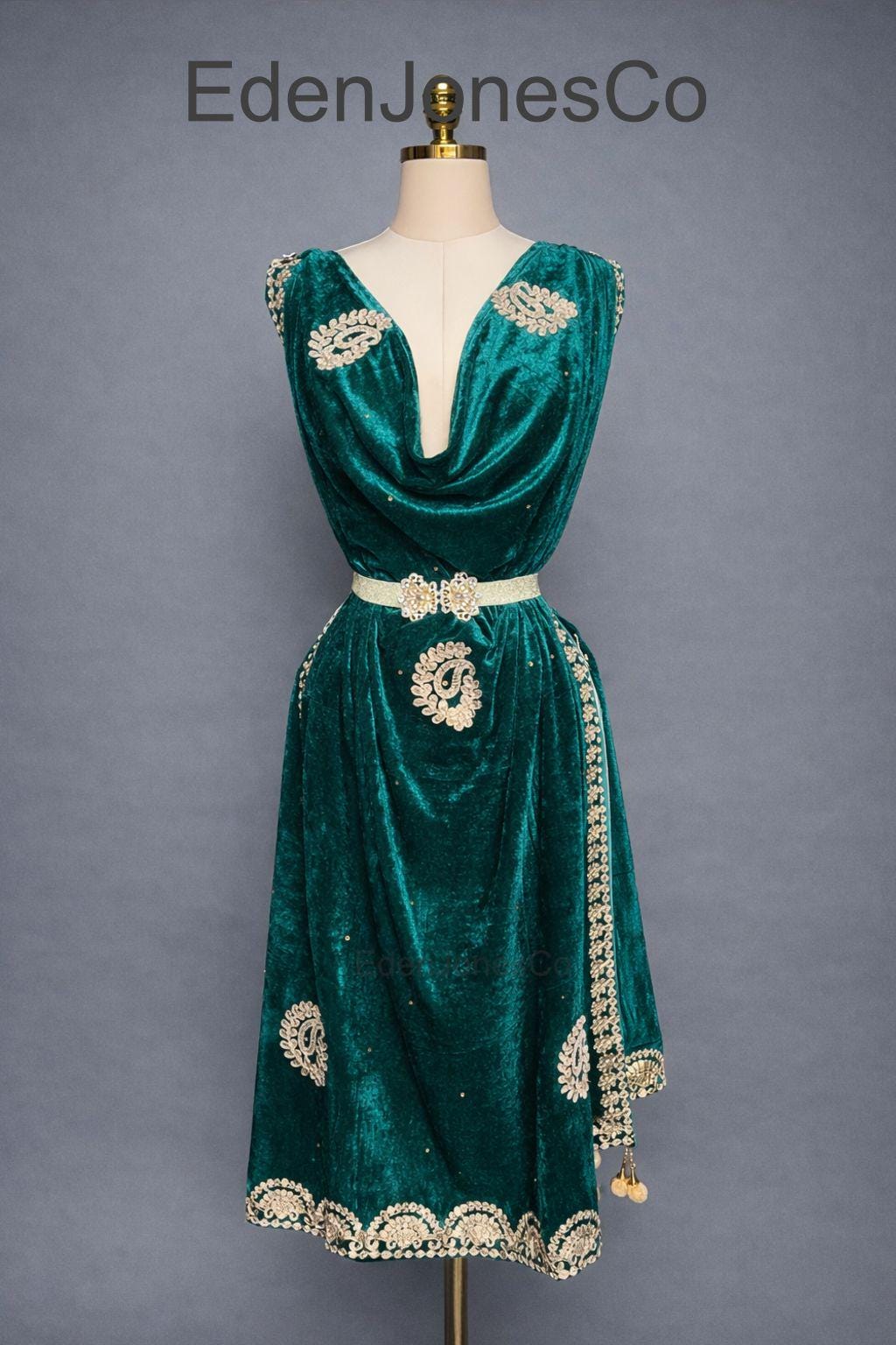 1920s Gold Embroidered Green Velvet Draped Dress | Art Deco Roaring ...