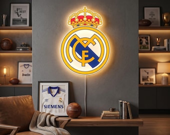 Real Madrid LED-Leuchtreklame – USB-Leuchtkasten mit Schalter – Real Madrid Wappenlampe – Geschenkidee für Fußballfans