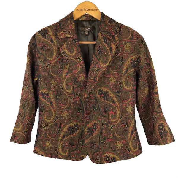 Tesori Jacket Paisley Bouclé Wool Blend Earth Tones Brown Orange Green Textured Open Front Fall Blazer Size S