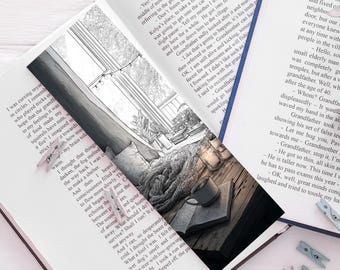 Marcapáginas Hygge, rincón de lectura acogedor, libro, vela y taza, accesorio para libros, regalo para un lector