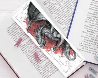 Marcapáginas de dragón gris y rojo, ilustración de fantasía, regalo para lectores de fantasía