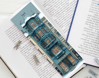 Marcador, librería de estilo cottagecore invernal nevado