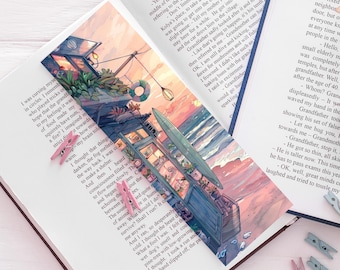 Marcador de tienda de playa estilo acuarela, puesta de sol pastel, ilustración de playa de verano