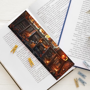 Halloween library bookmark, Fantasy bookmark, Candle and pumpkin atmosphere, Book lover gift, Halloween gift idea,