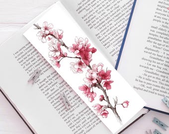 Marcador de flores de cerezo japonesas, Sakura, ilustración floral botánica de primavera, regalo para el lector.