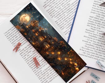 Marcapáginas de castillo de fantasía iluminado, Dark Academia, gótico, noche de luna mágica, accesorio de lectura, regalo para el lector.