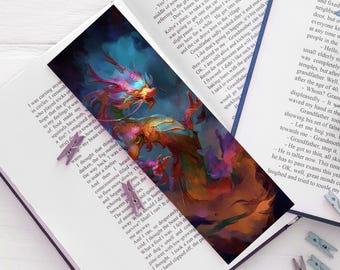 Marcapáginas de dragón, ilustración de fantasía colorida, regalo para el lector