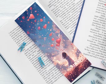 Marcapáginas de San Valentín, ilustración romántica, niña y corazones, regalo para el lector