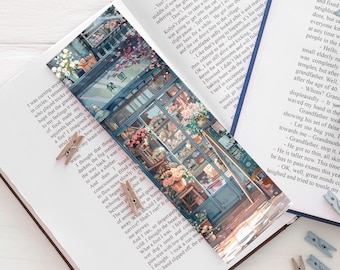 Marcapáginas con fachada de floristería japonesa, estilo romántico y cottagecore