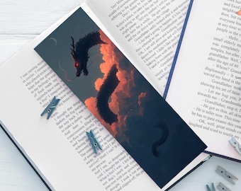 Marcapáginas de dragón negro en las nubes, Ilustración de fantasía, Atardecer épico, Regalo para un lector