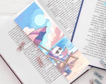 Marcapáginas de gato en la playa en verano, ilustración en gouache, regalo para el lector.