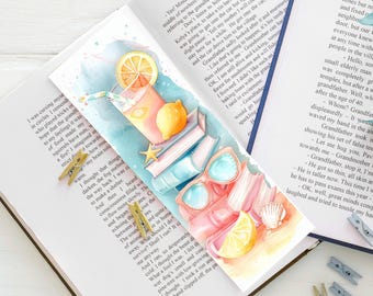Marcapáginas estilo acuarela, verano, limonada, libros y playa, ilustración de verano en tonos pastel, accesorio de lectura