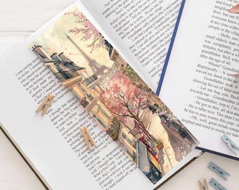 Marcapáginas de París, calle parisina y Torre Eiffel, ilustración vintage, regalo para el lector.