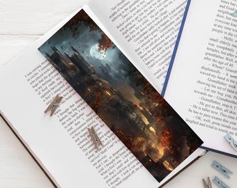 Marcapáginas de castillo gótico, marcapáginas de fantasía oscura, atmósfera medieval y misteriosa.