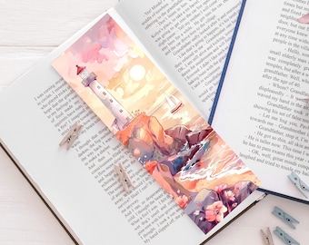 Marcapáginas estilo acuarela de faro, paisaje marino con atardecer pastel, accesorio de lectura, regalo para el lector