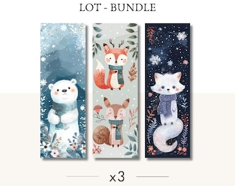 Juego de 3 marcapáginas - Selección de animales de invierno kawaii: oso polar, ciervo, ardilla y zorro