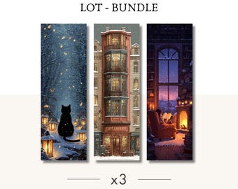 Juego de 3 marcapáginas – Selección de invierno cottagecore y gato