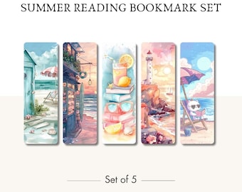 Juego de 5 marcapáginas de lectura de verano, temática costera, regalo para entusiastas de la lectura.