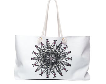 Geometric Zen Mandala Weekender Tote  Large Black & White Canvas Beach Bag with Rope Handles