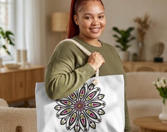 Bohemian Mandala Oversized Weekender Tote Bag  White Canvas Beach Bag with Rope Handles