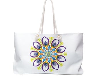 Vibrant Peacock Mandala Weekender Tote Bag Stor Boho Canvas Strandväska med Rephandtag
