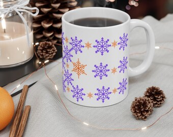 Purple and Orange Snowflake Pattern Holiday Mug.