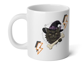 Witch Cat Mug – Magical Black Cat with Bone & Lightning Bolts.