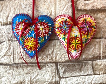 Set of 2 Handmade Embroidered Felt Heart Ornament