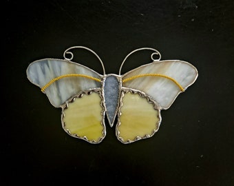 Butterfly  Suncatcher, Stained Glass, Sunny Yellow with White Butterfly, Home & Living, Home Décor,Decorative Glass Butterfly, Handmade Gift