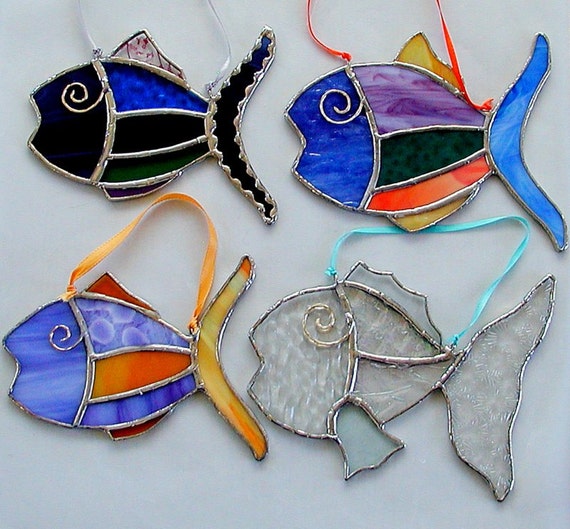 HANDMADE Suncatcher    Ornament ! Lot of 3 Stained Glass  FISH 