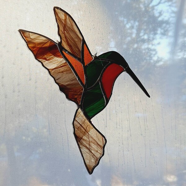 Hummingbird Suncatcher, Decorative Stained Glass Hummer, Home & Living, Home Décor, Handmade Hummingbirds, Birthday, Ruby Red Throat Hummer